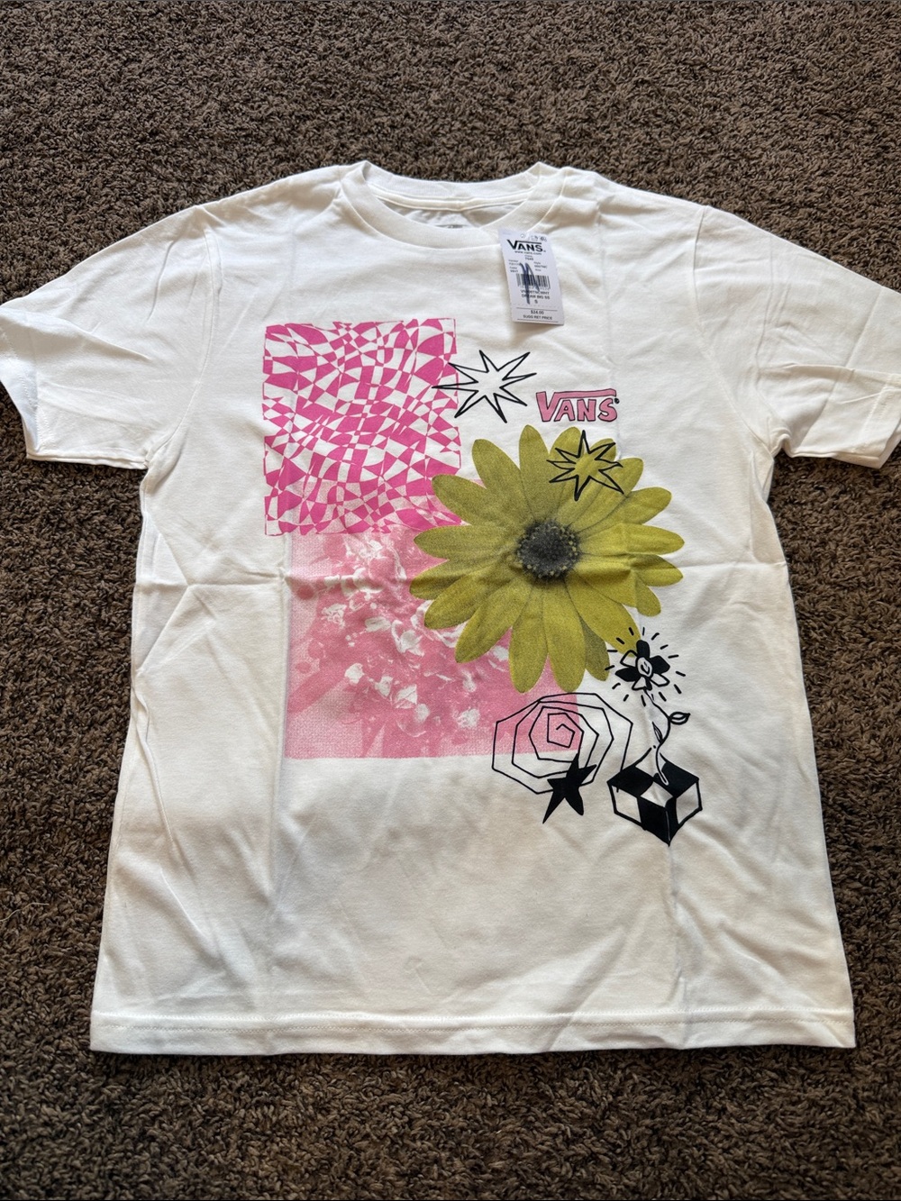 Vans ladies White Graphic Tee with Pink & Green Floral Print